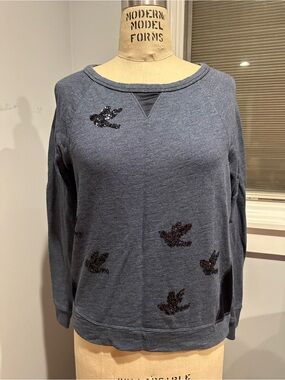Leifnotes Anthropologie Embellished Bird Sweatshirt With Satin- Slate Blue Small